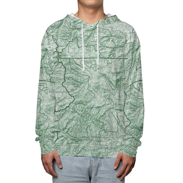 green hooded tee shirt with topographical map of the Beartooth Mountains