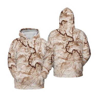 front and back of a hoodie with a topographic map design