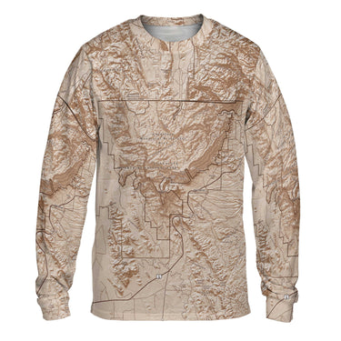 topographical map of the Guadalupe Mountians printed on a long sleeve tee shirt tinted in brown