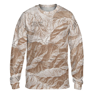 Long-sleeve shirt with topographic map design and 'Great Smoky Mountains National Park' text on a white background