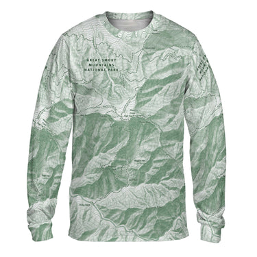 Long-sleeve shirt with topographic map design and 'Great Smoky Mountains National Park' text on a white background