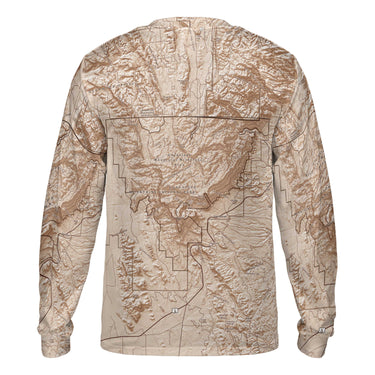 topographical map of the Guadalupe Mountians printed on a long sleeve tee shirt tinted in brown